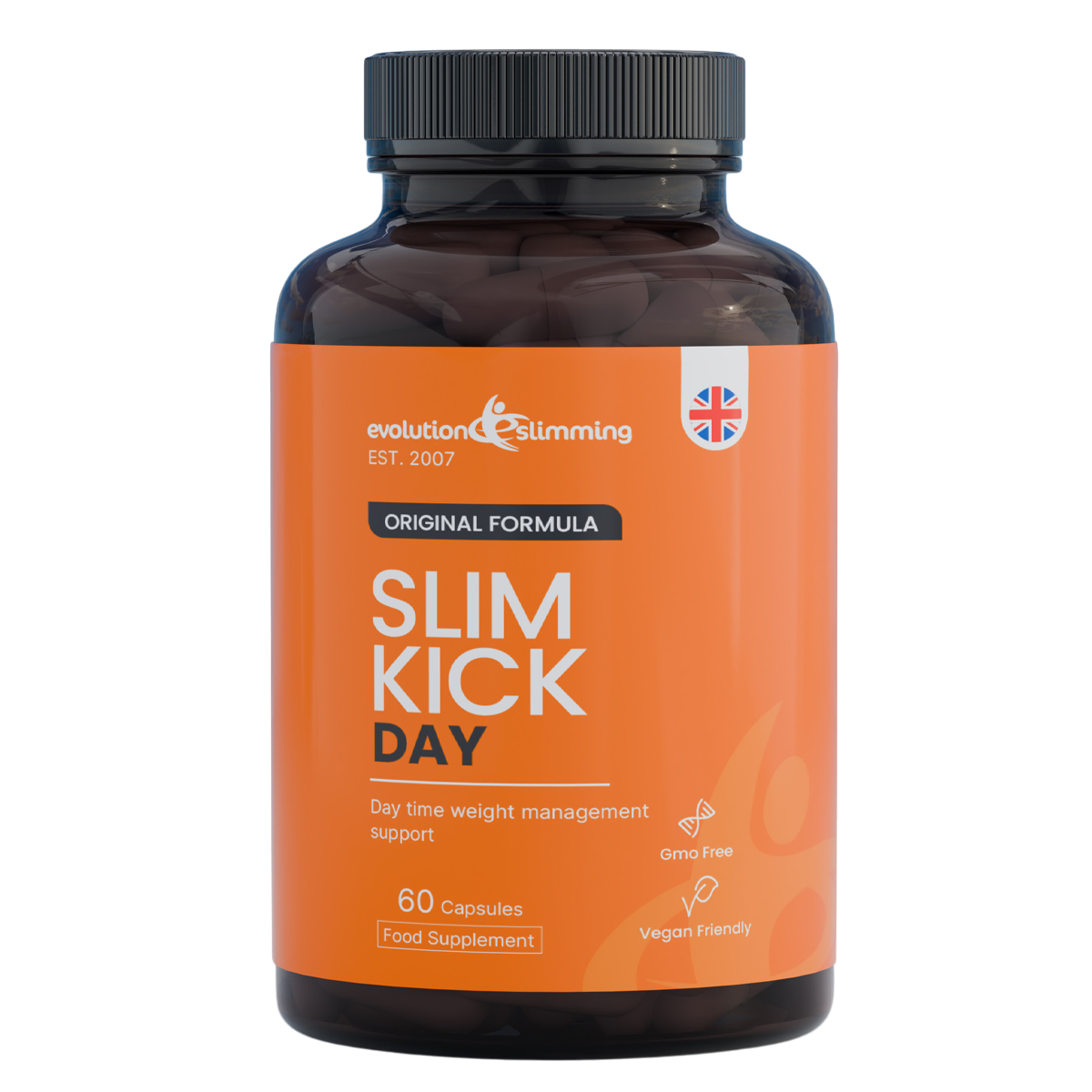 A bottle of Evolution Slimming Original Formula Slim Kick Day food supplement capsules, featuring an orange label and a black cap on a white background.