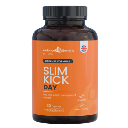 A bottle of Evolution Slimming Original Formula Slim Kick Day food supplement capsules, featuring an orange label and a black cap on a white background.
