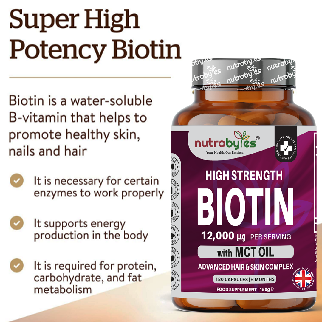 Biotina de alta concentración 12.000mcg con aceite MCT (coco) | 180 cápsulas veganas | Suministro para 6 meses