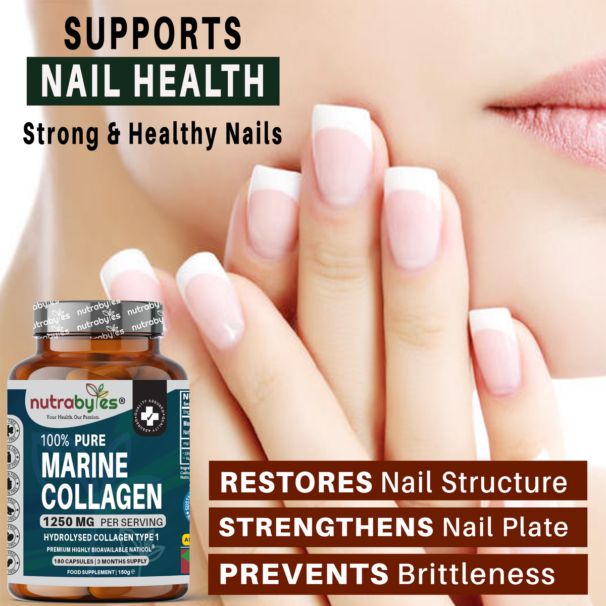 Nutrobaeyes marine collagen bottle with text about nail health and benefits on a blurred background of hands with manicured nails.