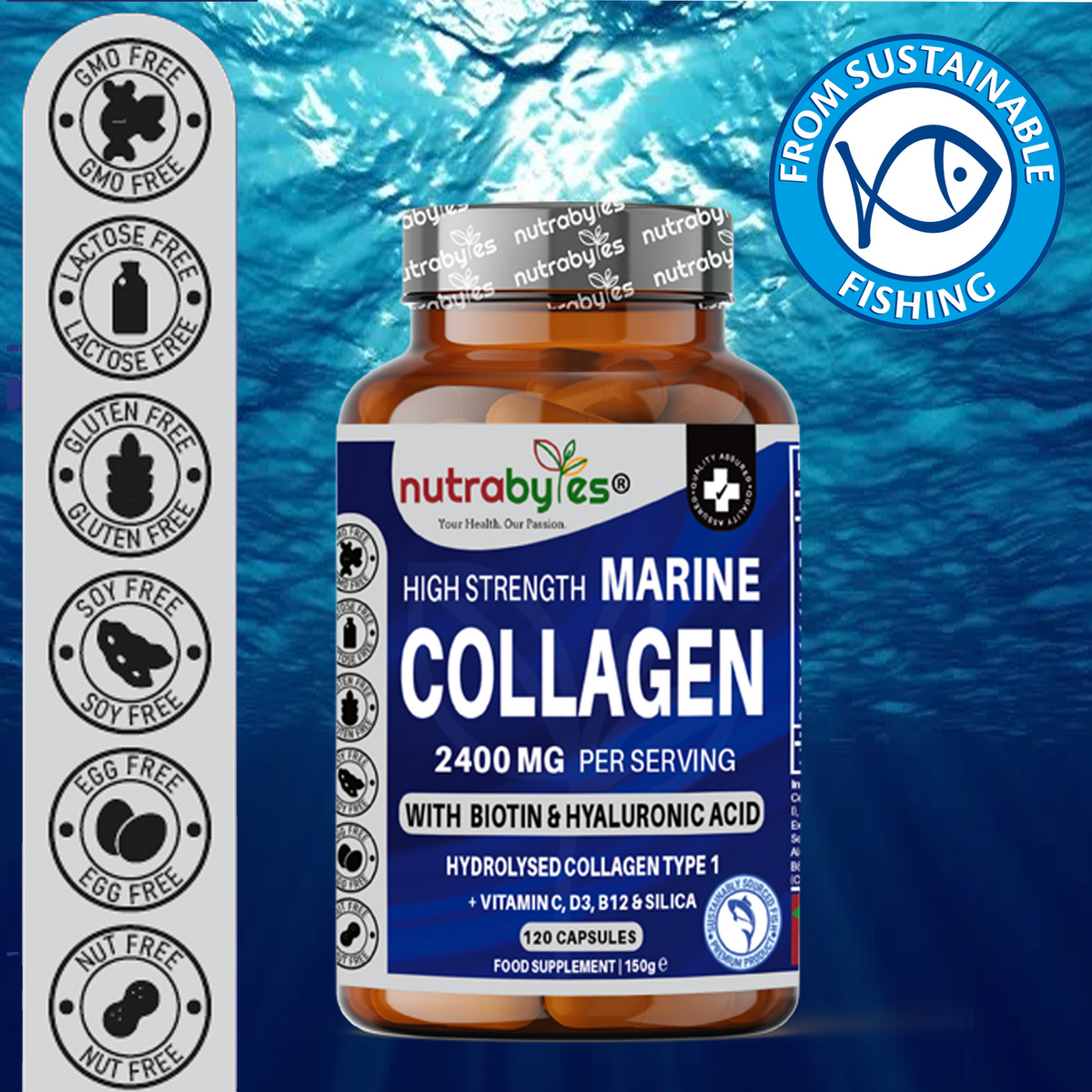 High Strength Marine Collagen Capsules 2400mg | with Vitamin C, Hyaluronic Acid & Biotin | 120 Capsules