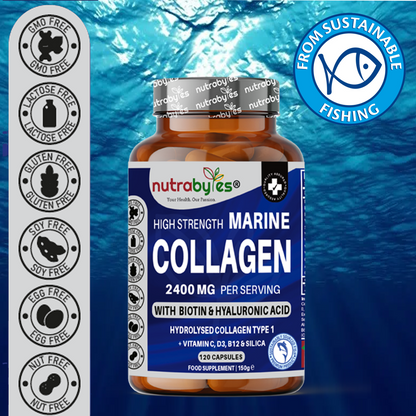 High Strength Marine Collagen Capsules 2400mg | with Vitamin C, Hyaluronic Acid & Biotin | 120 Capsules