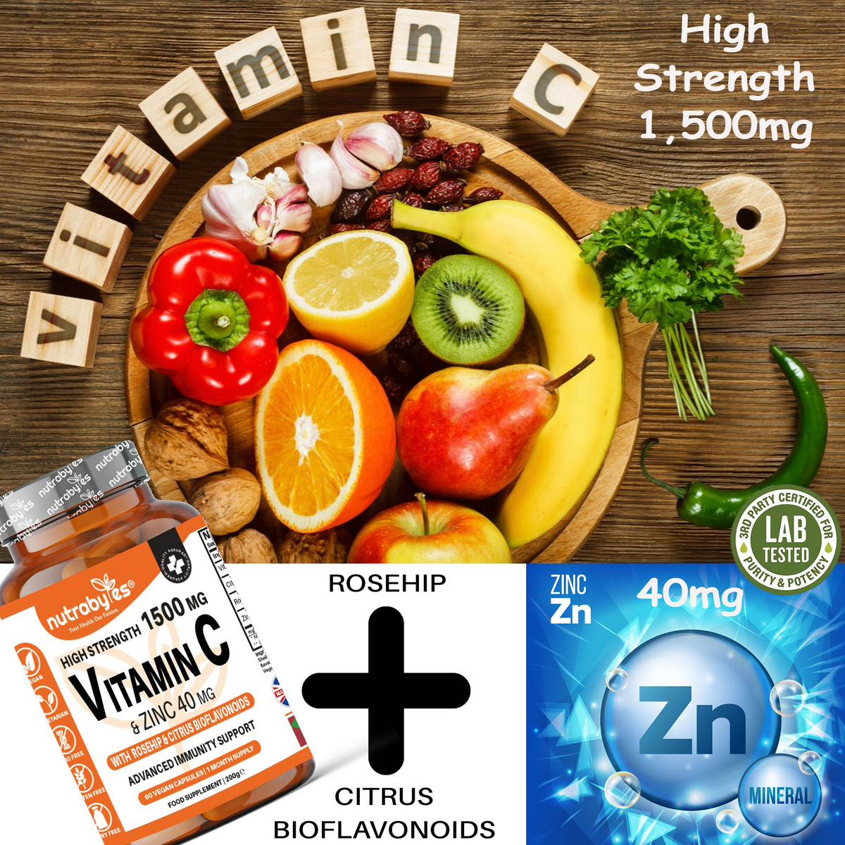 High Strength Vitamin C 1500mg & Zinc 40mg | with Rosehip & Bioflavonoids | 60 Vegan Capsules