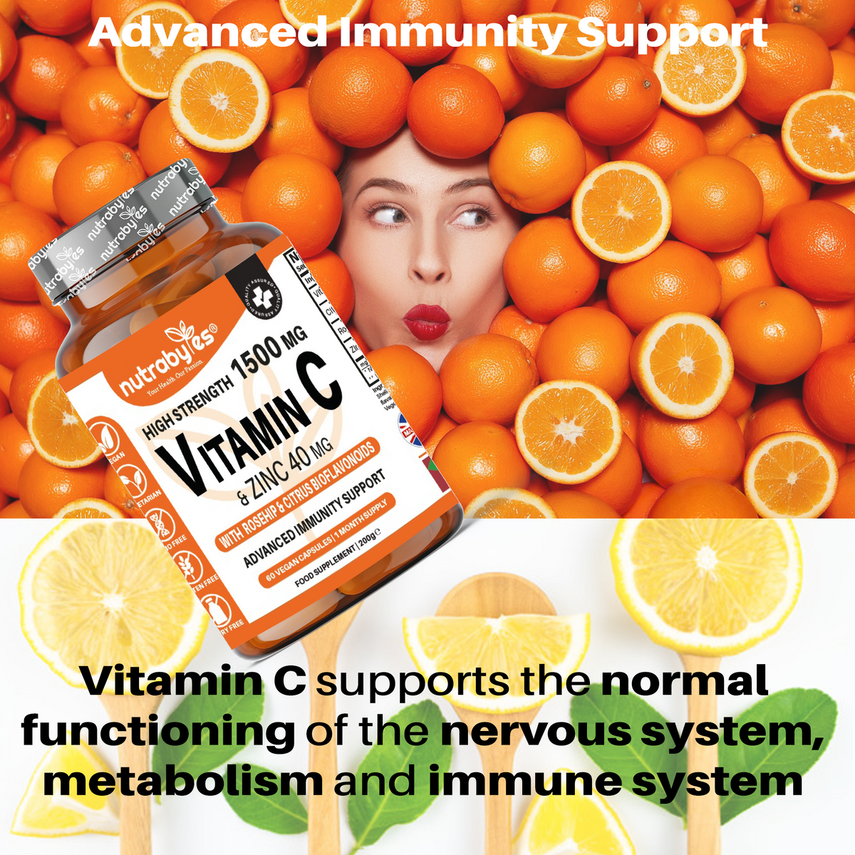 High Strength Vitamin C 1500mg & Zinc 40mg | with Rosehip & Bioflavonoids | 60 Vegan Capsules