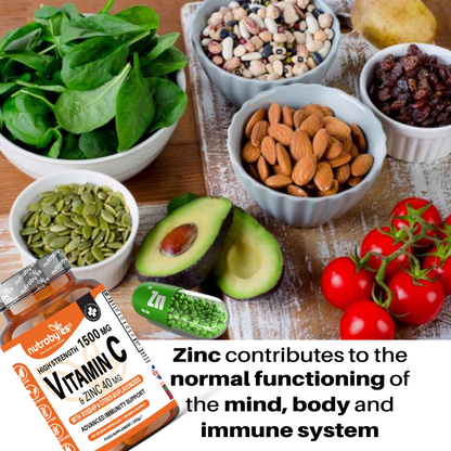 High Strength Vitamin C 1500mg & Zinc 40mg | with Rosehip & Bioflavonoids | 60 Vegan Capsules