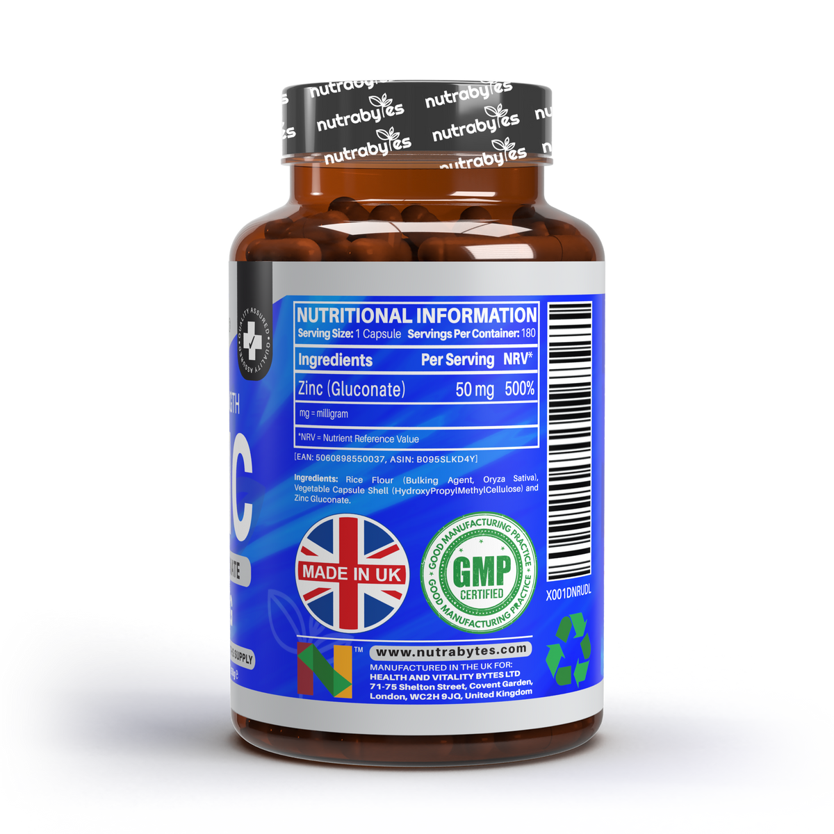 Gluconato de Zinc 50mg | Máxima Potencia | 180 Cápsulas Veganas | Suministro para 6 Meses
