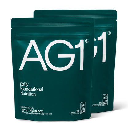 Suplemento en polvo AG1 Greens – Salud intestinal, Multivitamínico y Probiótico | Sin gluten, Vegano, Keto | Paquete de 2 (30 porciones)