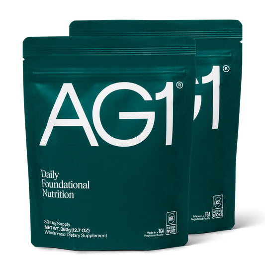 Suplemento en polvo AG1 Greens – Salud intestinal, Multivitamínico y Probiótico | Sin gluten, Vegano, Keto | Paquete de 2 (30 porciones)