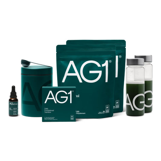 AG1 Greens Powder Supplement | Gut Health, Multivitamin & Probiotic | Gluten Free, Vegan & Keto Friendly | 75 Vitamins | Family Value Kit - Classic Formula - Calm Era