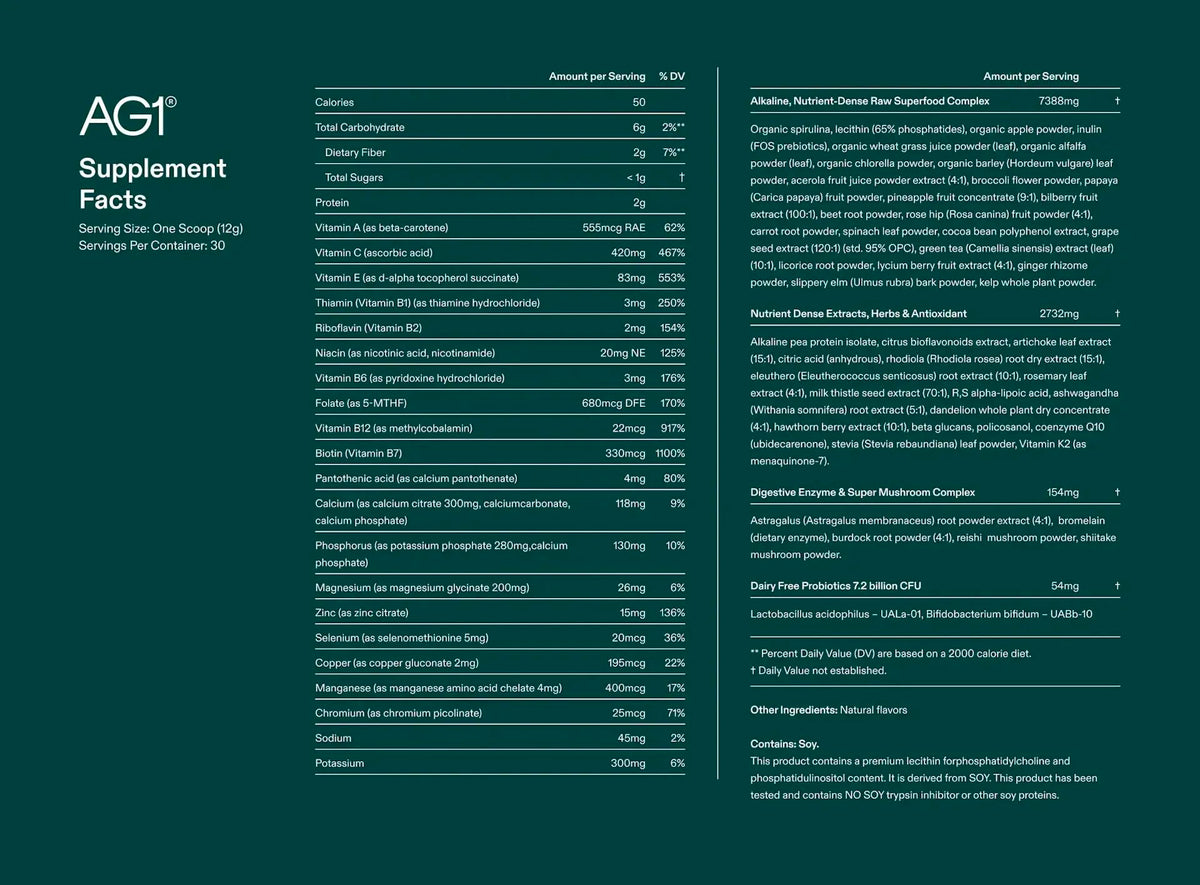 Suplemento en polvo AG1 Greens – Salud intestinal, Multivitamínico y Probiótico | Sin gluten, Vegano, Keto | Paquete de 2 (30 porciones)