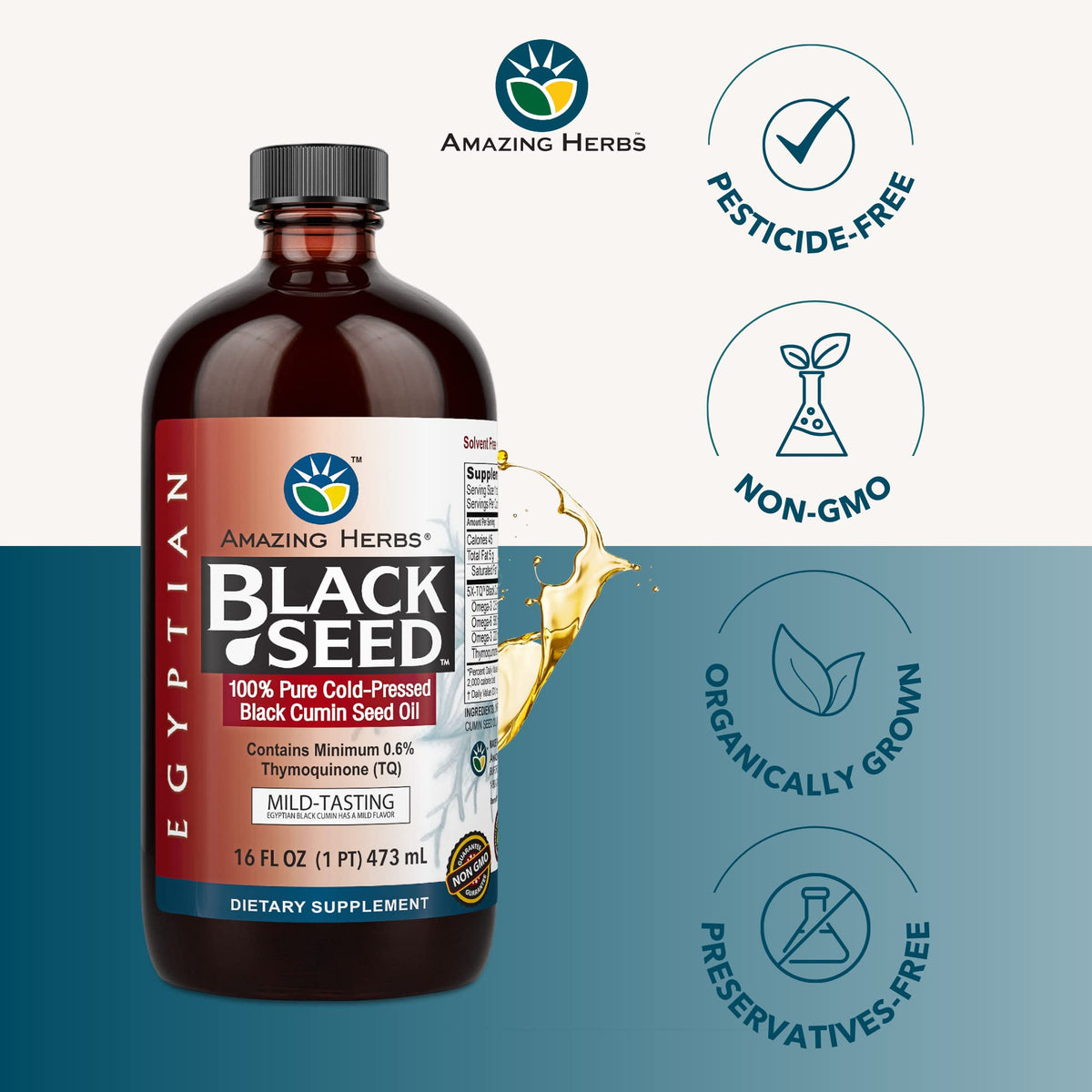 Amazing Herbs Aceite de Semilla Negra Egipcia - Sin Gluten, Sin OGM, Nigella Sativa Prensada en Frío 16 oz