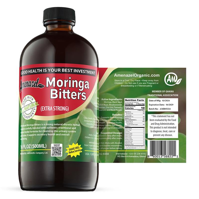 Amenazel Bitters de Moringa Orgánica 16 fl oz | Tintura Digestiva de 9 Hierbas