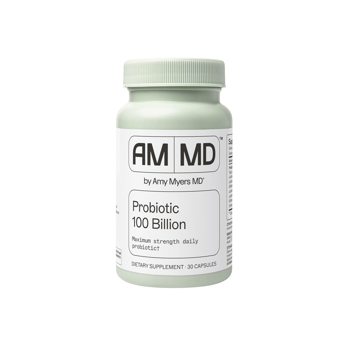 AM MD probiotic supplement bottle on a white background