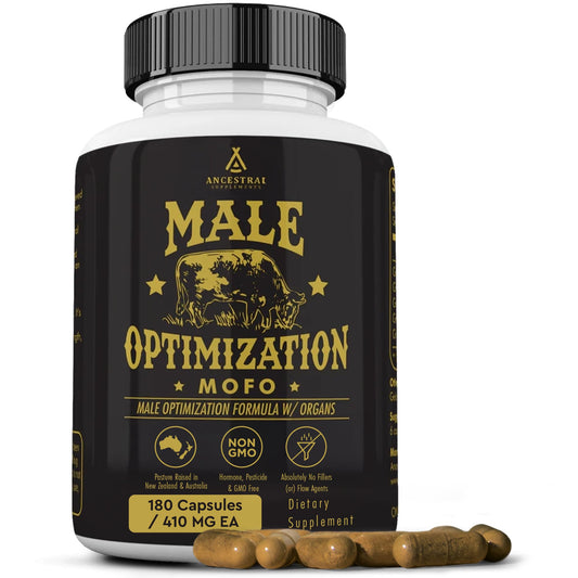 Supplement bottle labeled 'Male Optimization MOFO' with black and gold design on a white background.