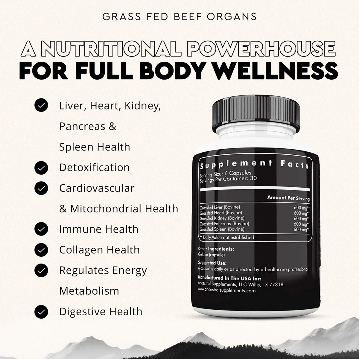 Ancestral Supplements Órganos de Res Alimentado con Pasto 180 cápsulas | Mezcla de 5 Órganos
