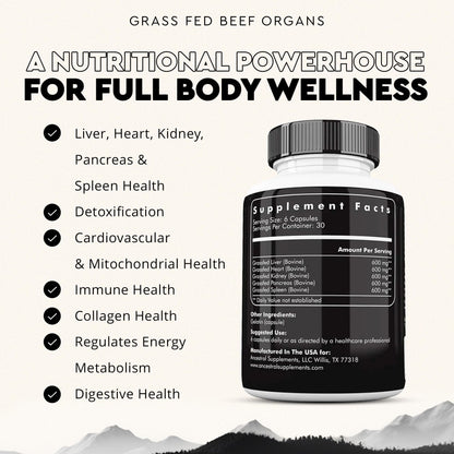 Ancestral Supplements Órganos de Res Alimentado con Pasto 180 cápsulas | Mezcla de 5 Órganos