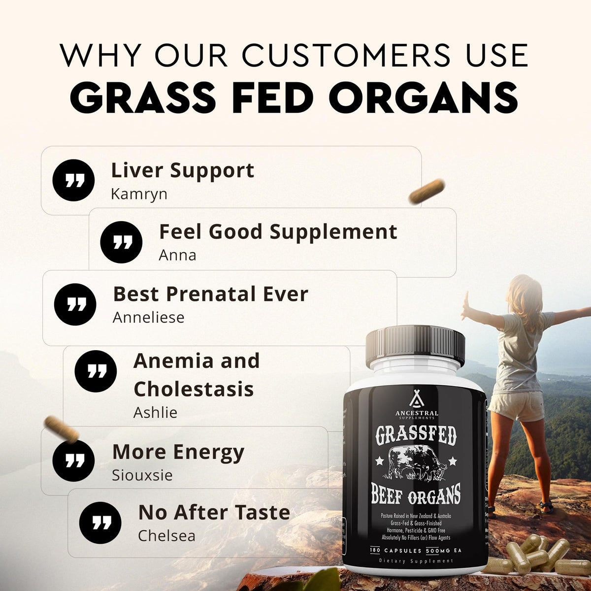 Ancestral Supplements Órganos de Res Alimentado con Pasto 180 cápsulas | Mezcla de 5 Órganos
