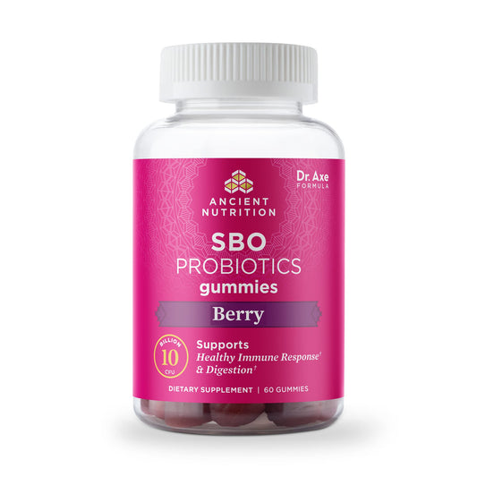 Bottle of Ancient Nutrition SBO Probiotics gummies on a white background