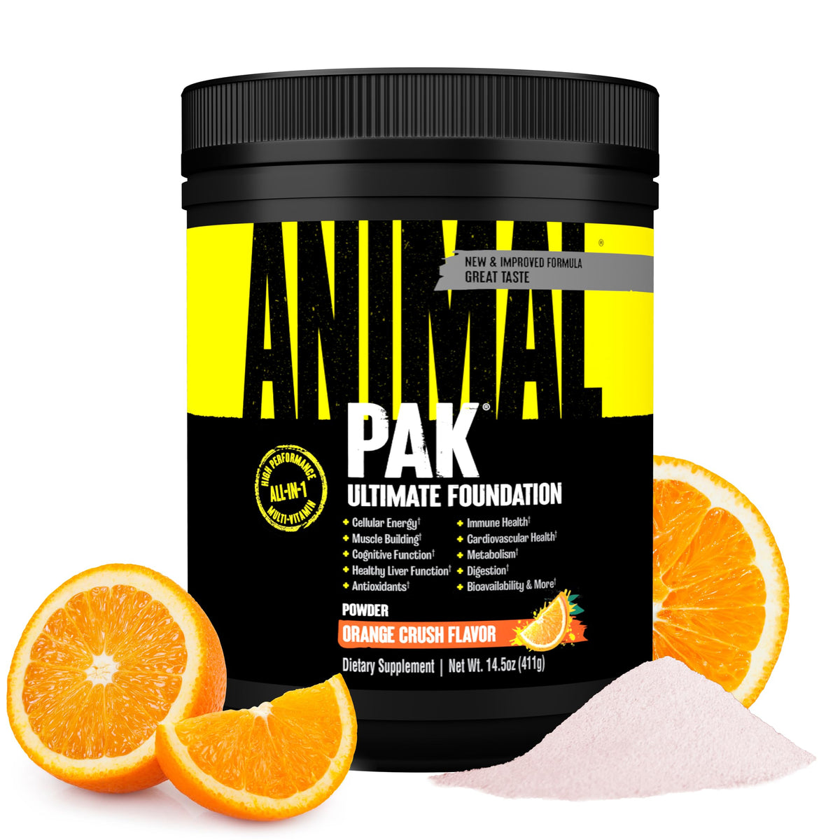 Supplement container labeled 'PAK Ultimate Foundation' with orange slices on a white background