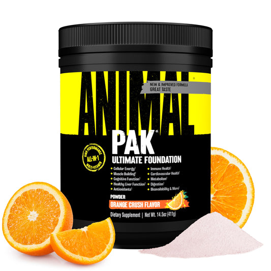 Supplement container labeled 'PAK Ultimate Foundation' with orange slices on a white background