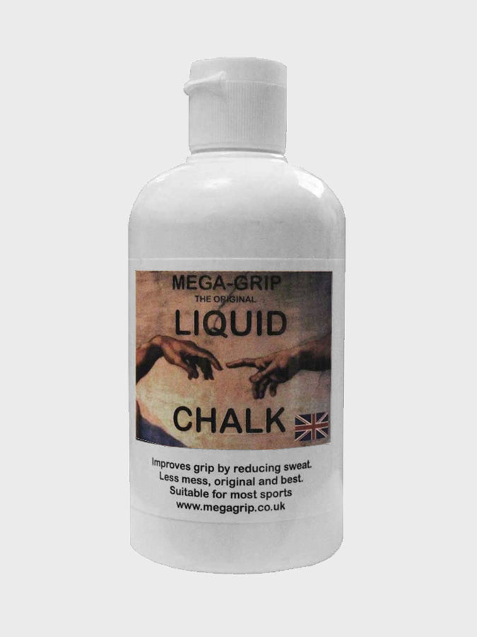 A white plastic bottle of MEGA-GRIP Liquid Chalk with a white flip-top cap, featuring a label with a painting of two hands reaching towards each other and black text.
