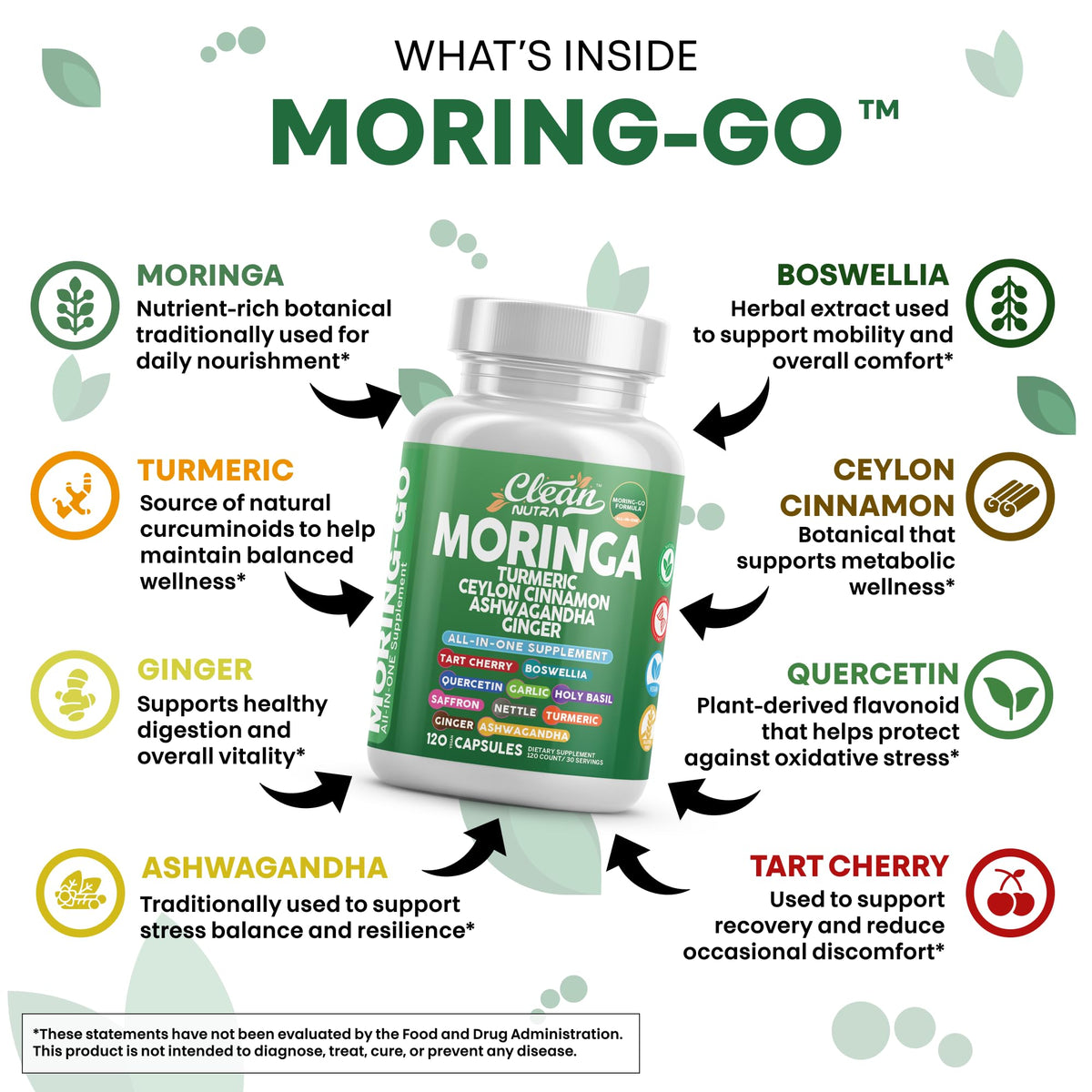 Clean Nutra Moring-Go Cápsulas de Moringa y Cúrcuma 13 en 1