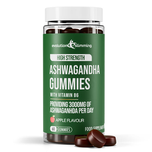 Green bottle of Ashwagandha gummies with white cap on a white background