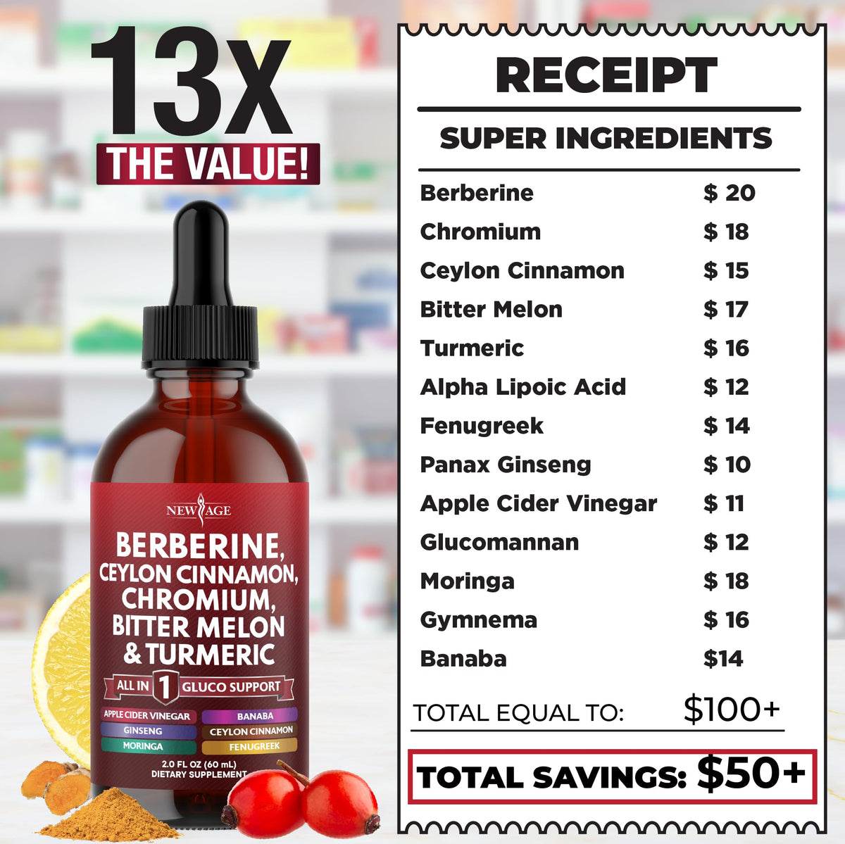 Gotas Líquidas de Berberina y Canela de Ceylán con Moringa y Ginseng 4oz