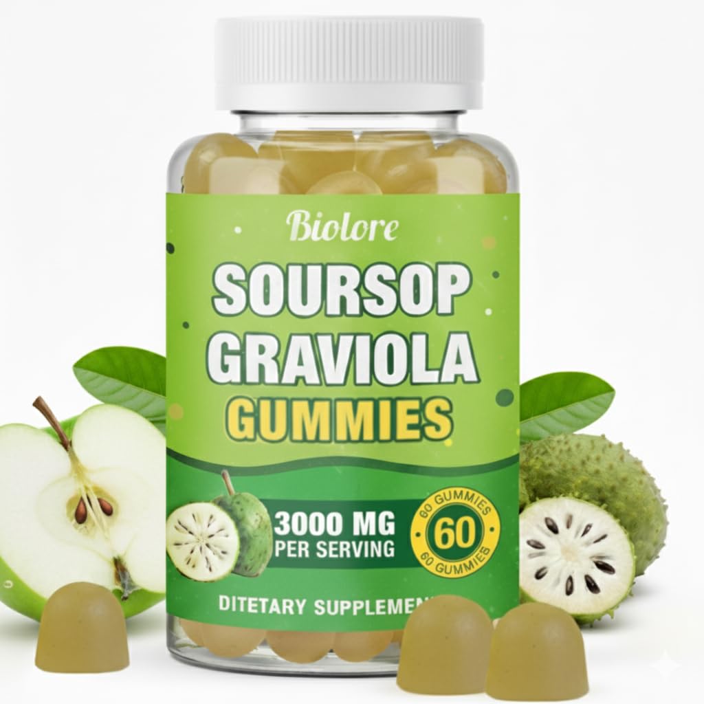 Bottle of Biolore Soursop Graviola Gummies with green label and gummy bears on a white background