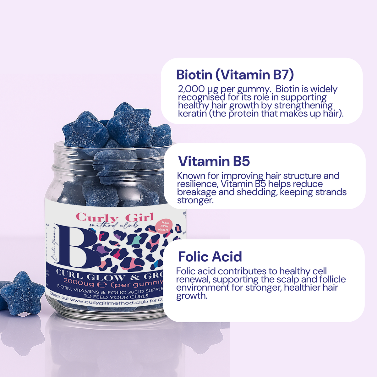 CurlyGirlMethodClub Grow + Glow Hair Vitamins Gummies – Biotin, Folic Acid & Zinc, 60ct