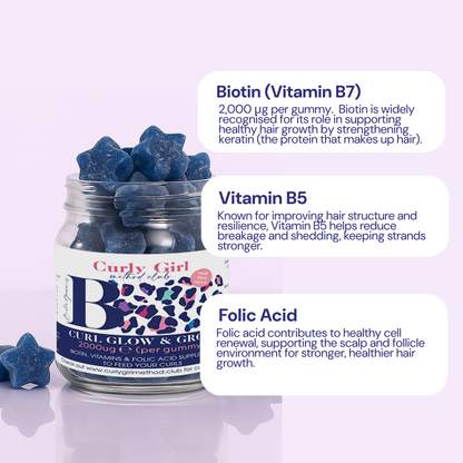 CurlyGirlMethodClub Grow + Glow Hair Vitamins Gummies – Biotin, Folic Acid & Zinc, 60ct