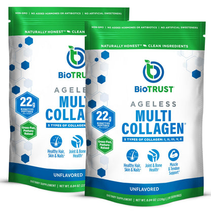 BioTrust Ageless Multi Collagen Peptides – 5 Types I II III V X | Unflavored | 2-Pack