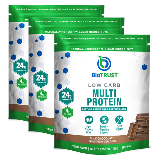 Three packages of BioTrust Low Carb Multi Protein with green and white design.