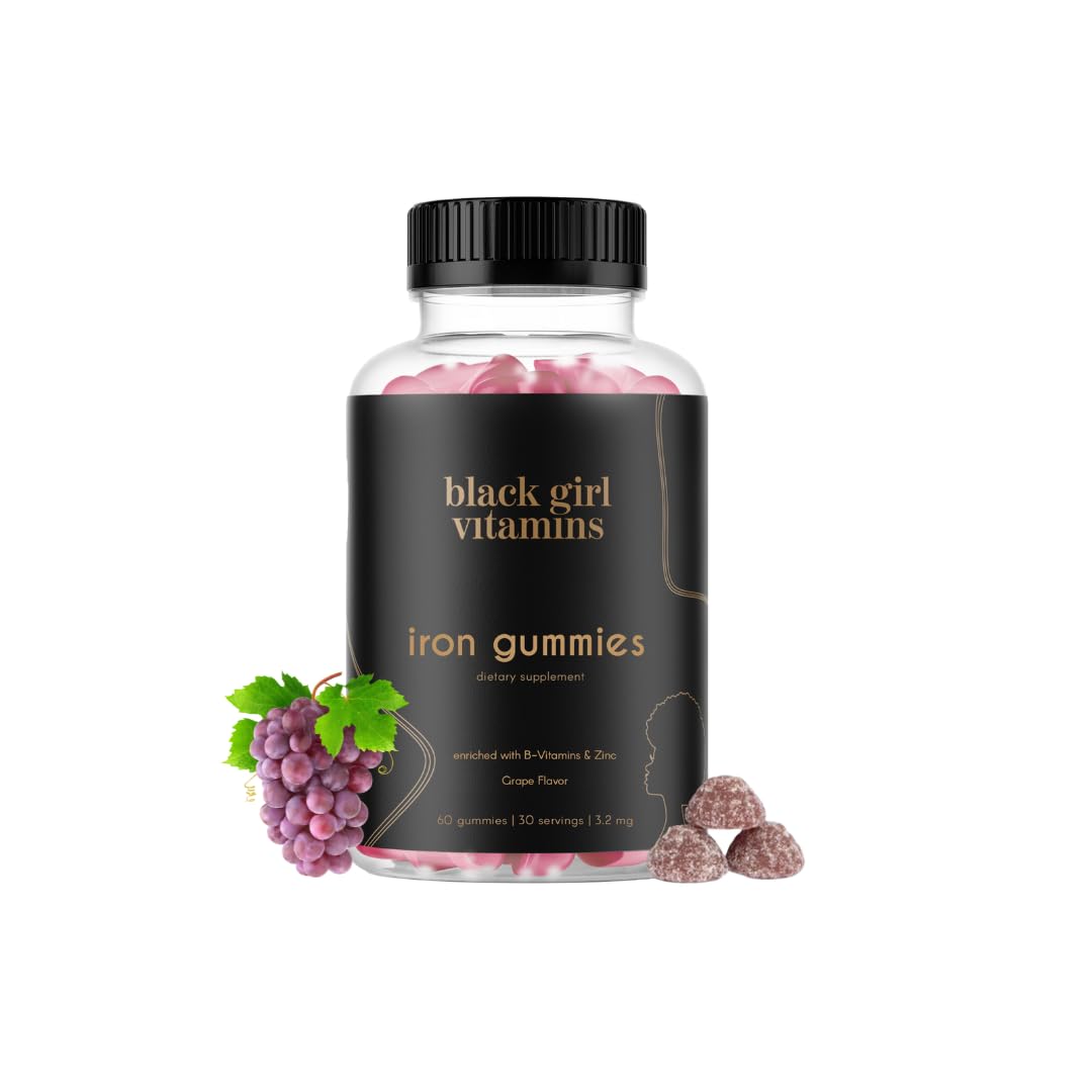 Bottle of black girl vitamins iron gummies with grapes on a white background