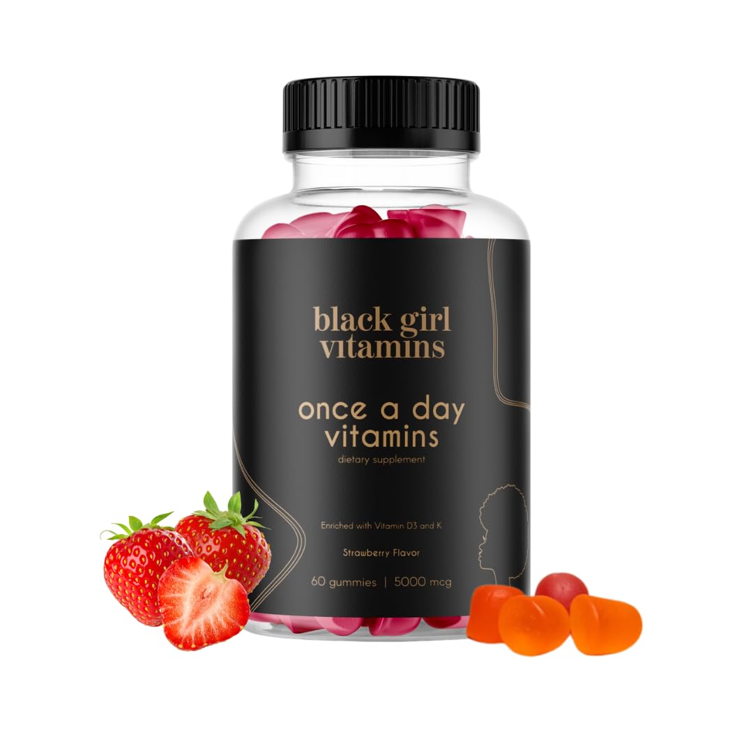 Black Girl Vitamins supplement bottle with strawberries and gummy bears on a white background
