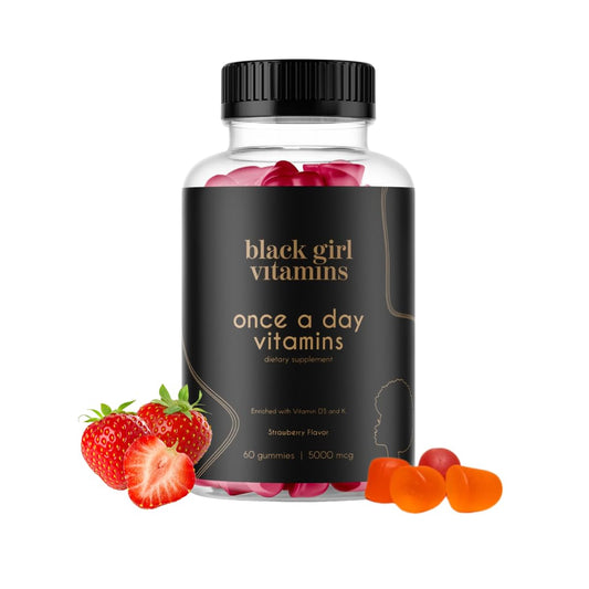 Black Girl Vitamins supplement bottle with strawberries and gummy bears on a white background