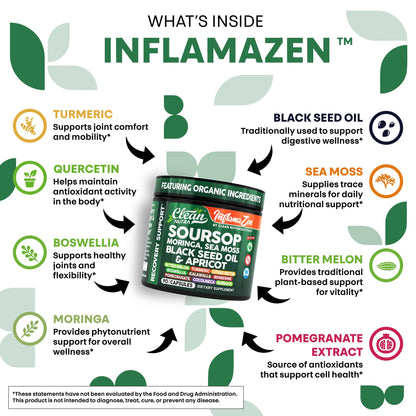 Clean Nutra Suplemento de Guanábana con Moringa, Musgo Marino y Berberina 90 cápsulas