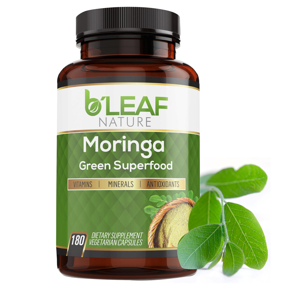 Cápsulas de moringa orgánica B'Leaf Nature 1000 mg | 180 cápsulas veganas sin OMG