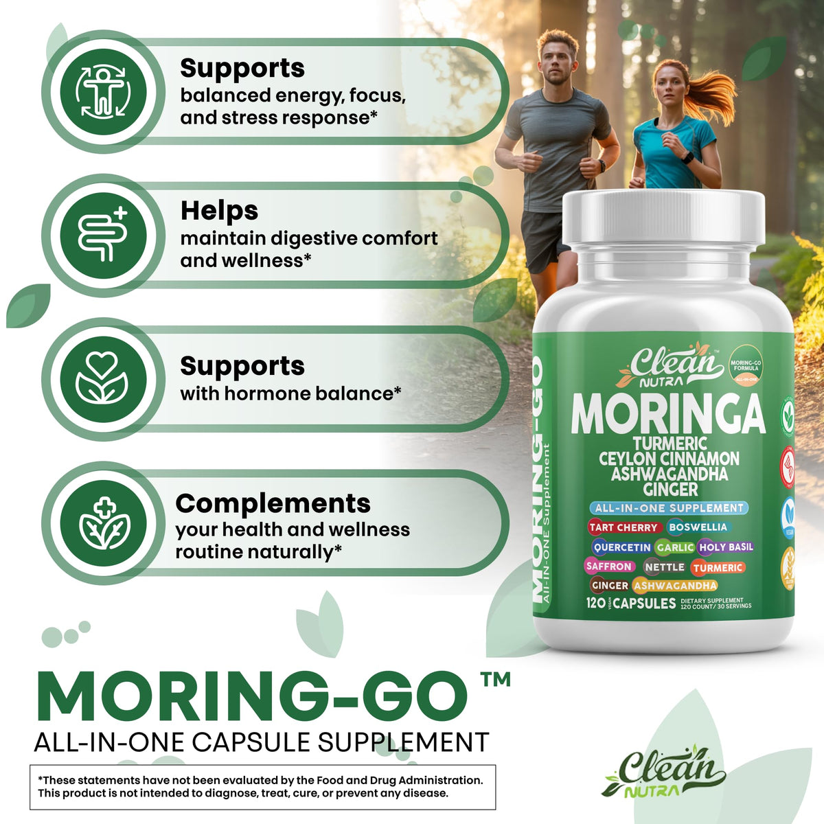Clean Nutra Moring-Go Cápsulas de Moringa y Cúrcuma 13 en 1