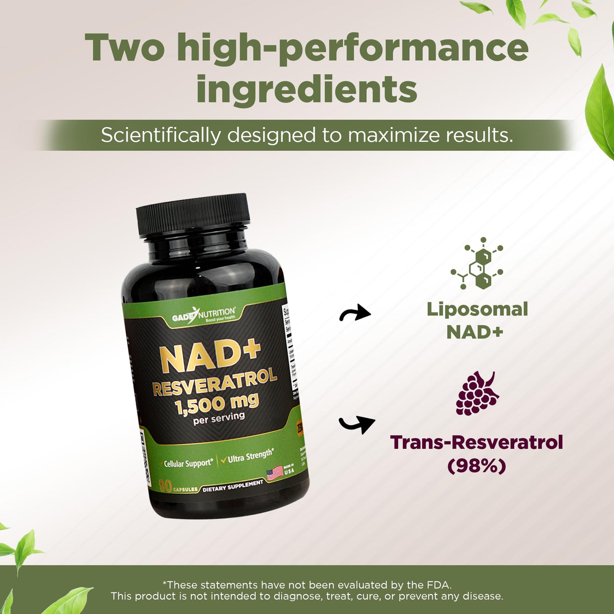 Gade Nutrition NAD+ con Resveratrol – Envejecimiento saludable y antioxidante | Hecho en EE. UU.