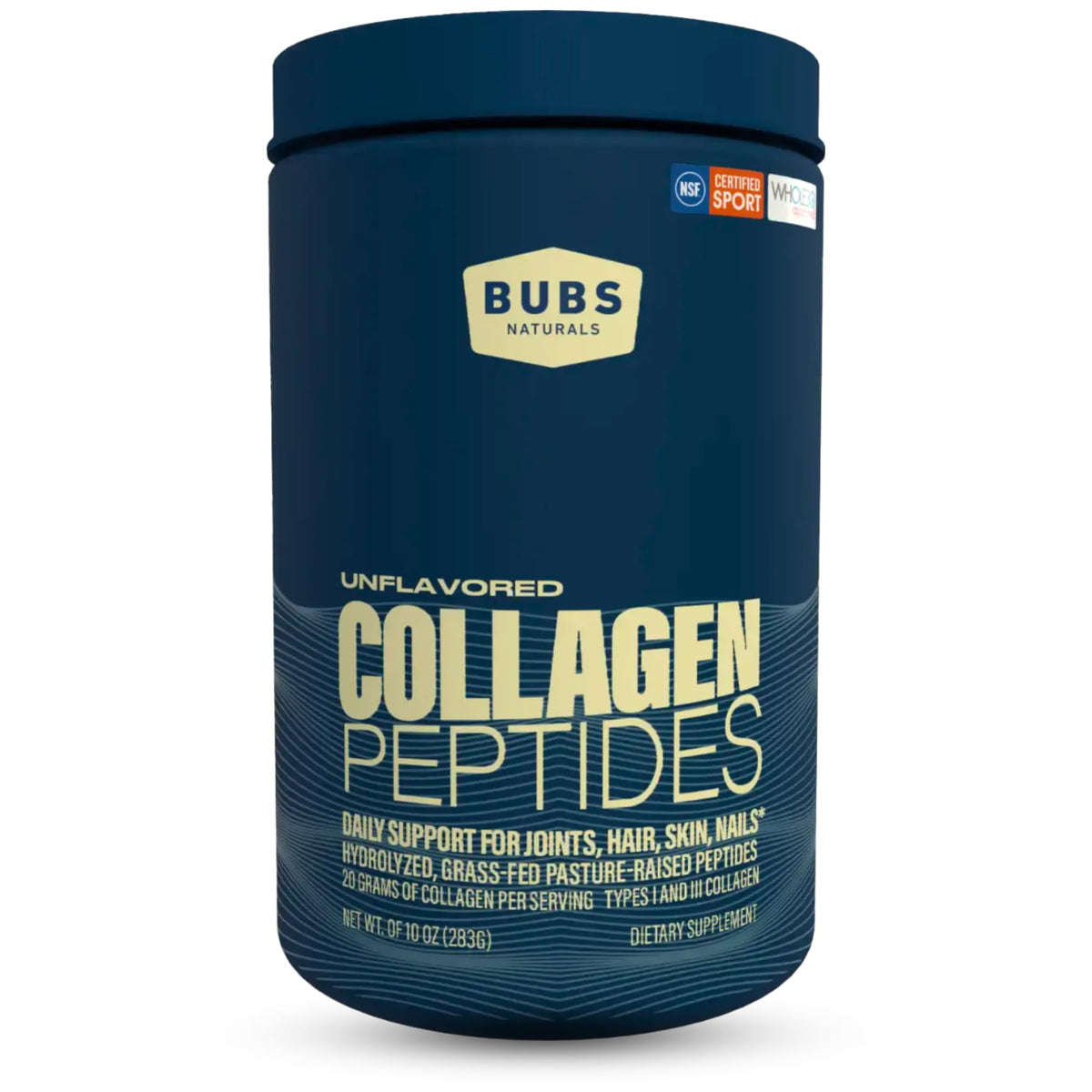 Blue container of BUBS Naturals collagen peptides on a white background