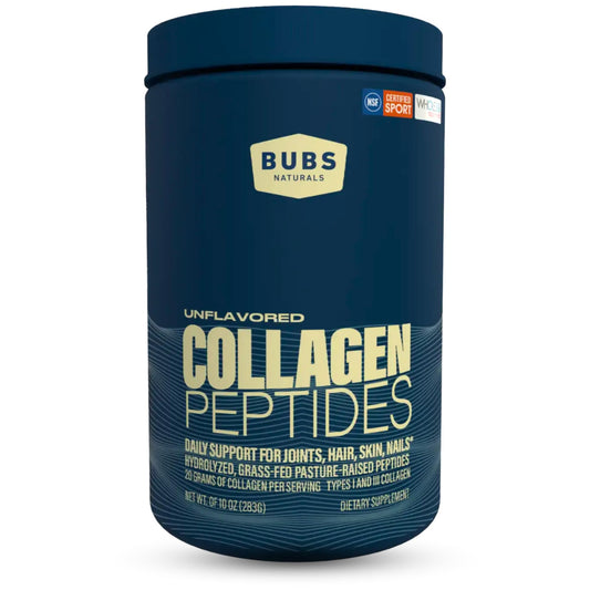 Blue container of BUBS Naturals collagen peptides on a white background