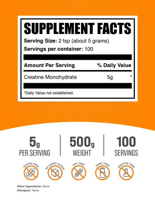 BulkSupplements Creatina Monohidratada en Polvo – Micronizada, Sin Sabor | 500g