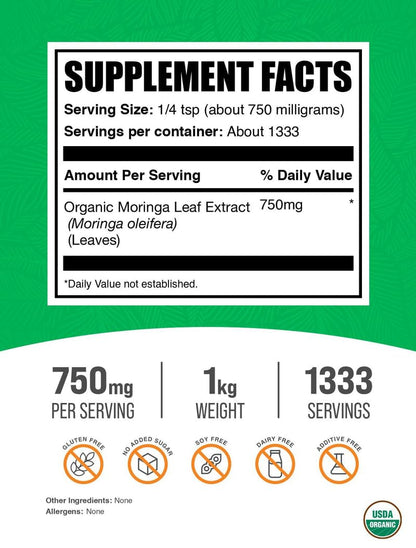 BulkSupplements Extracto de Moringa Orgánica en Polvo 1kg