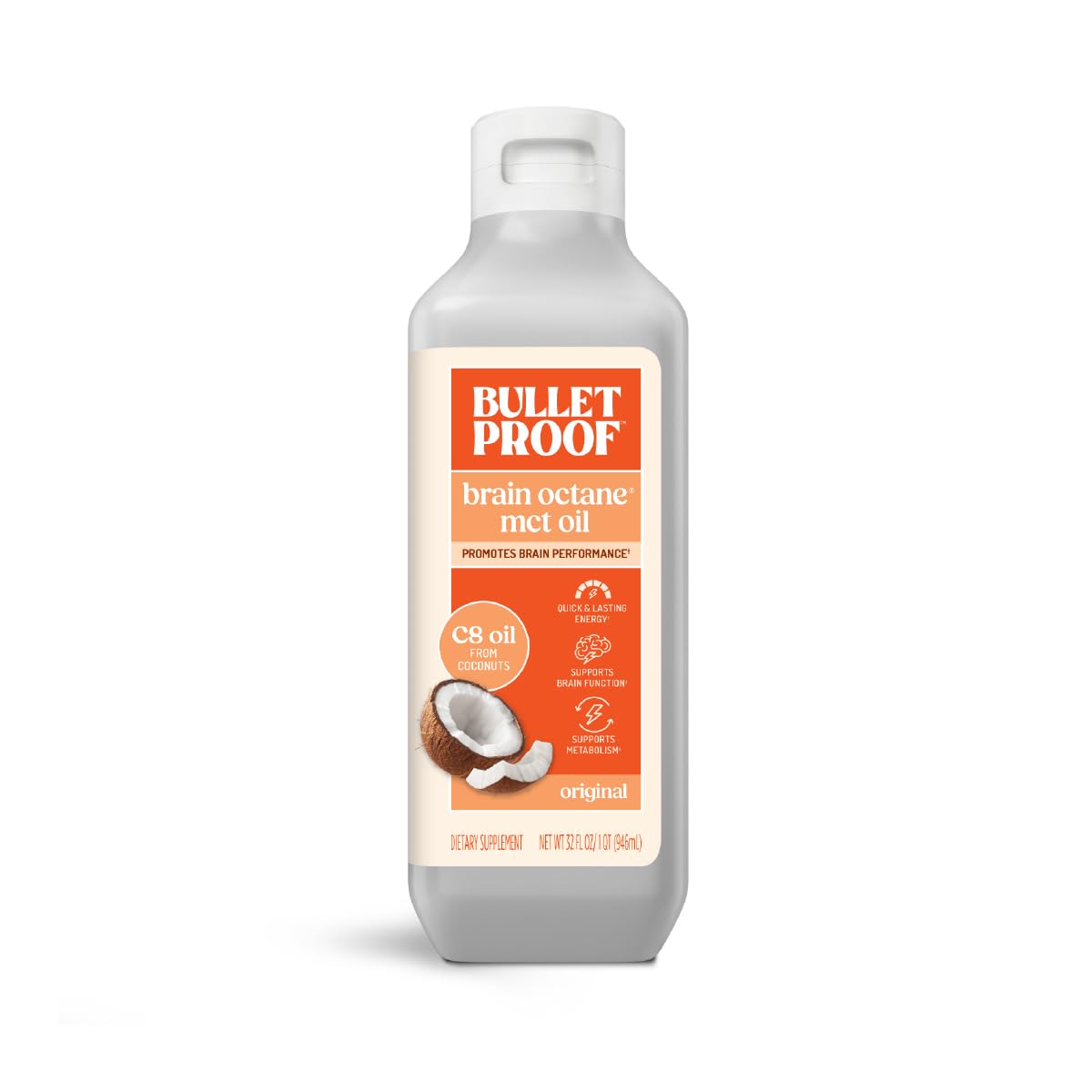 Aceite MCT C8 Brain Octane de Bulletproof, 32 oz – Energía cetogénica, concentración y soporte para antojos