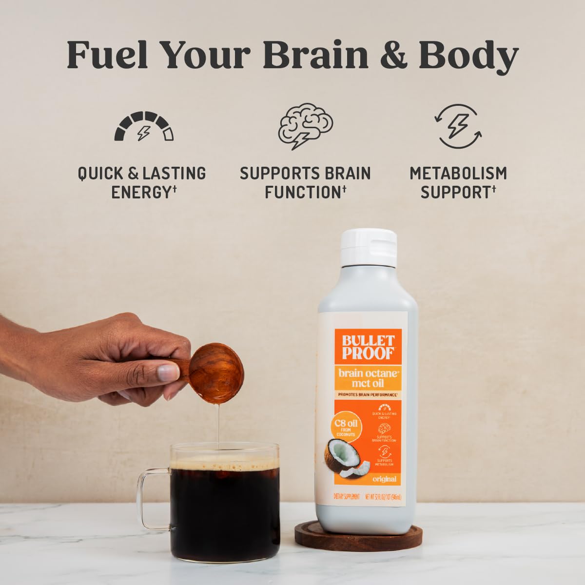 Aceite MCT C8 Brain Octane de Bulletproof, 32 oz – Energía cetogénica, concentración y soporte para antojos
