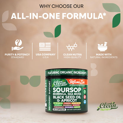 Clean Nutra Suplemento de Guanábana con Moringa, Musgo Marino y Berberina 90 cápsulas