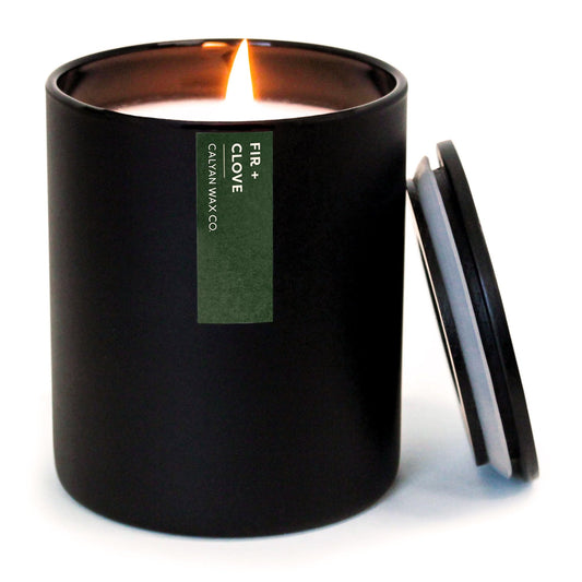 Vela aromática Calyan Wax Co. Abeto y Clavo – 75 horas de duración, vaso negro de 10.2oz