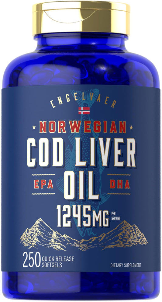 Blue bottle of Norwegian Cod Liver Oil with gold cap on a white background