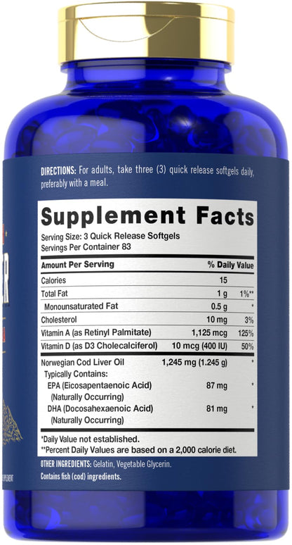 Carlyle Cápsulas Blandas de Aceite de Hígado de Bacalao 1245mg – 250 Unidades | Noruego, Sin OGM